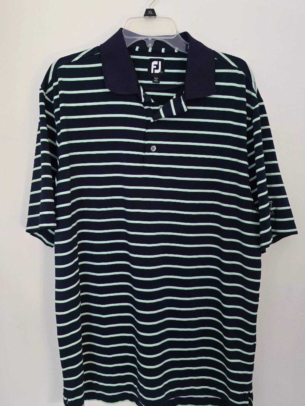 FootJoy FJ Golf Polo Mens Large Navy Green Stripe BraeBurn Club Logo Shirt